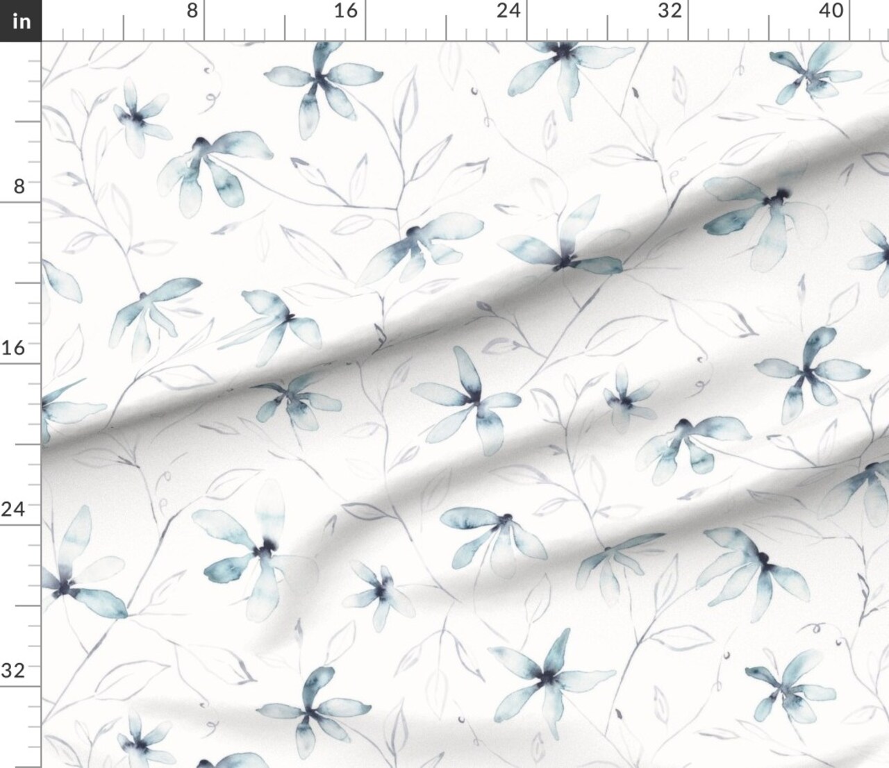Blue White Watercolor Floral Light Feminine Custom Printed Fabric by Spoonflower Various Fabrics by the Yard or Fat Quarter